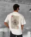 ERKEK Tişört Kısa kol Ön ve Arka Baskılı Oversize Bisiklet Yaka T-Shirt - Beyaz