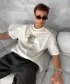 ERKEK Tişört Kısa kol Ön ve Arka Baskılı Oversize Bisiklet Yaka T-Shirt - Beyaz