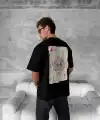 ERKEK Tişört Kısa Kol Ön ve Arka Baskılı Oversize Bisiklet Yaka T-shirt - Siyah