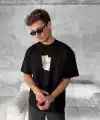 ERKEK Tişört Kısa Kol Ön ve Arka Baskılı Oversize Bisiklet Yaka T-shirt - Siyah
