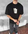 ERKEK Tişört Kısa Kol Ön ve Arka Baskılı Oversize Bisiklet Yaka T-shirt - Siyah