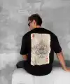 ERKEK Tişört Kısa Kol Ön ve Arka Baskılı Oversize Bisiklet Yaka T-shirt - Siyah