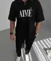 ERKEK Tişört Yakalı Yarım Fermuarlı  Kısa Kol Baskılı T-Shirt - Siyah