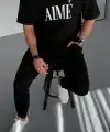 ERKEK Tişört Yakalı Yarım Fermuarlı  Kısa Kol Baskılı T-Shirt - Siyah