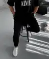 ERKEK Tişört Yakalı Yarım Fermuarlı  Kısa Kol Baskılı T-Shirt - Siyah