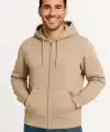 Erkek Üç İplik Kapüşonlu Tam Fermuarlı Kanguru Çepli SweatShirt Hoodie - Bej
