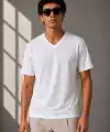 Erkek V Yaka Basic Tişört Kısa Kol Yazlık Regular Fit T-Shirt - Beyaz