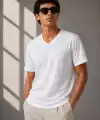 Erkek V Yaka Basic Tişört Kısa Kol Yazlık Regular Fit T-Shirt - Beyaz