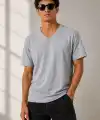 Erkek V Yaka Basic Tişört Kısa Kol Yazlık Regular Fit T-Shirt - Gri