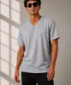 Erkek V Yaka Basic Tişört Kısa Kol Yazlık Regular Fit T-Shirt - Gri