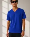 Erkek V Yaka Basic Tişört Kısa Kol Yazlık Regular Fit T-Shirt - Saks Mavisi