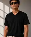 Erkek V Yaka Basic Tişört Kısa Kol Yazlık Regular Fit T-Shirt - Siyah