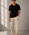 Erkek V Yaka Basic Tişört Kısa Kol Yazlık Regular Fit T-Shirt - Siyah