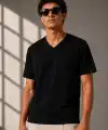 Erkek V Yaka Basic Tişört Kısa Kol Yazlık Regular Fit T-Shirt - Siyah