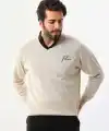 Erkek V Yaka Kazak Baskılı Dokuma Triko - Bej
