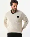 Erkek V Yaka Kazak Baskılı Dokuma Triko - Bej
