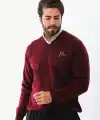 Erkek V Yaka Kazak Baskılı Dokuma Triko - Bordo