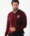 Erkek V Yaka Kazak Baskılı Dokuma Triko - Bordo