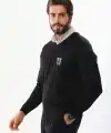 Erkek V Yaka Kazak Baskılı Dokuma Triko - Siyah