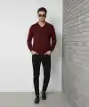 Erkek V Yaka Triko Kazak yumuşak dokulu Pamuklu ince Dokuma uzun kollu Regular - Bordo