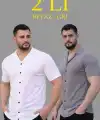 Erkek Waffle Dokuma Kumaş Açık Yakalı Düğmeli Gömlek 2’li Set Beyaz-Gri