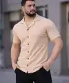 Erkek Waffle Dokuma Kumaş Açık Yakalı Düğmeli Gömlek 2’li Set Haki-Bej