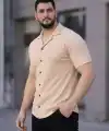 Erkek Waffle Dokuma Kumaş Açık Yakalı Düğmeli Gömlek 2’li Set Haki-Bej