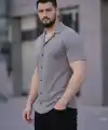 Erkek Waffle Kumaş Kısa Kollu Düğmeli Açık Yaka Regular Fit Gömlek - Gri