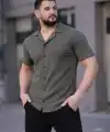 Erkek Waffle Kumaş Kısa Kollu Düğmeli Açık Yaka Regular Fit Gömlek - Haki