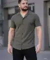 Erkek Waffle Kumaş Kısa Kollu Düğmeli Açık Yaka Regular Fit Gömlek - Haki