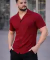 Erkek Waffle Kumaş Kısa Kollu Düğmeli Açık Yaka Regular Fit Gömlek - Kırmızı