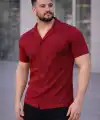 Erkek Waffle Kumaş Kısa Kollu Düğmeli Açık Yaka Regular Fit Gömlek - Kırmızı