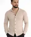 Erkek Waffle Kumaş Uzun Kollu Düğmeli Açık Yaka Regular Fit Gömlek - Bej