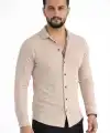 Erkek Waffle Kumaş Uzun Kollu Düğmeli Açık Yaka Regular Fit Gömlek - Bej