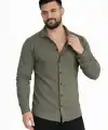 Erkek Waffle Kumaş Uzun Kollu Düğmeli Açık Yaka Regular Fit Gömlek - Haki