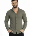 Erkek Waffle Kumaş Uzun Kollu Düğmeli Açık Yaka Regular Fit Gömlek - Haki