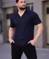 Erkek Waffle Kumaş Yakalı Kısa Kol Düğmeli Gömlek 3’lü Set Siyah-Haki-Lacivert