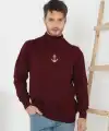 Erkek Yarım Bağazlı Kazak Baskılı Dokuma Triko - Bordo
