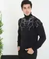 Erkek Yarım Bağazlı Kazak Baskılı Dokuma Triko - Siyah