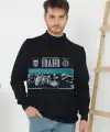Erkek Yarım Bağazlı Kazak Baskılı Dokuma Triko - Siyah