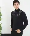 Erkek Yarım Bağazlı Kazak Baskılı Dokuma Triko - Siyah