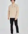 Erkek Yarım Fermuarlı Baskılı 3 iplik pamuklu sweatshirt - Bej