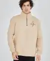 Erkek Yarım Fermuarlı Baskılı 3 iplik pamuklu sweatshirt - Bej