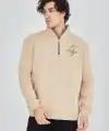 Erkek Yarım Fermuarlı Baskılı 3 iplik pamuklu sweatshirt - Bej