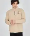 Erkek Yarım Fermuarlı Baskılı 3 iplik pamuklu sweatshirt - Bej