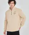 Erkek Yarım Fermuarlı Baskılı 3 iplik pamuklu sweatshirt - Bej