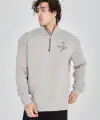 Erkek Yarım Fermuarlı Baskılı 3 iplik pamuklu sweatshirt - Boyalı Gri