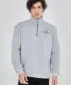 Erkek Yarım Fermuarlı Baskılı 3 iplik pamuklu sweatshirt - Gri