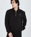 Erkek Yarım Fermuarlı Baskılı 3  iplik pamuklu sweatshirt - Siyah