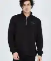 Erkek Yarım Fermuarlı Baskılı 3  iplik pamuklu sweatshirt - Siyah
